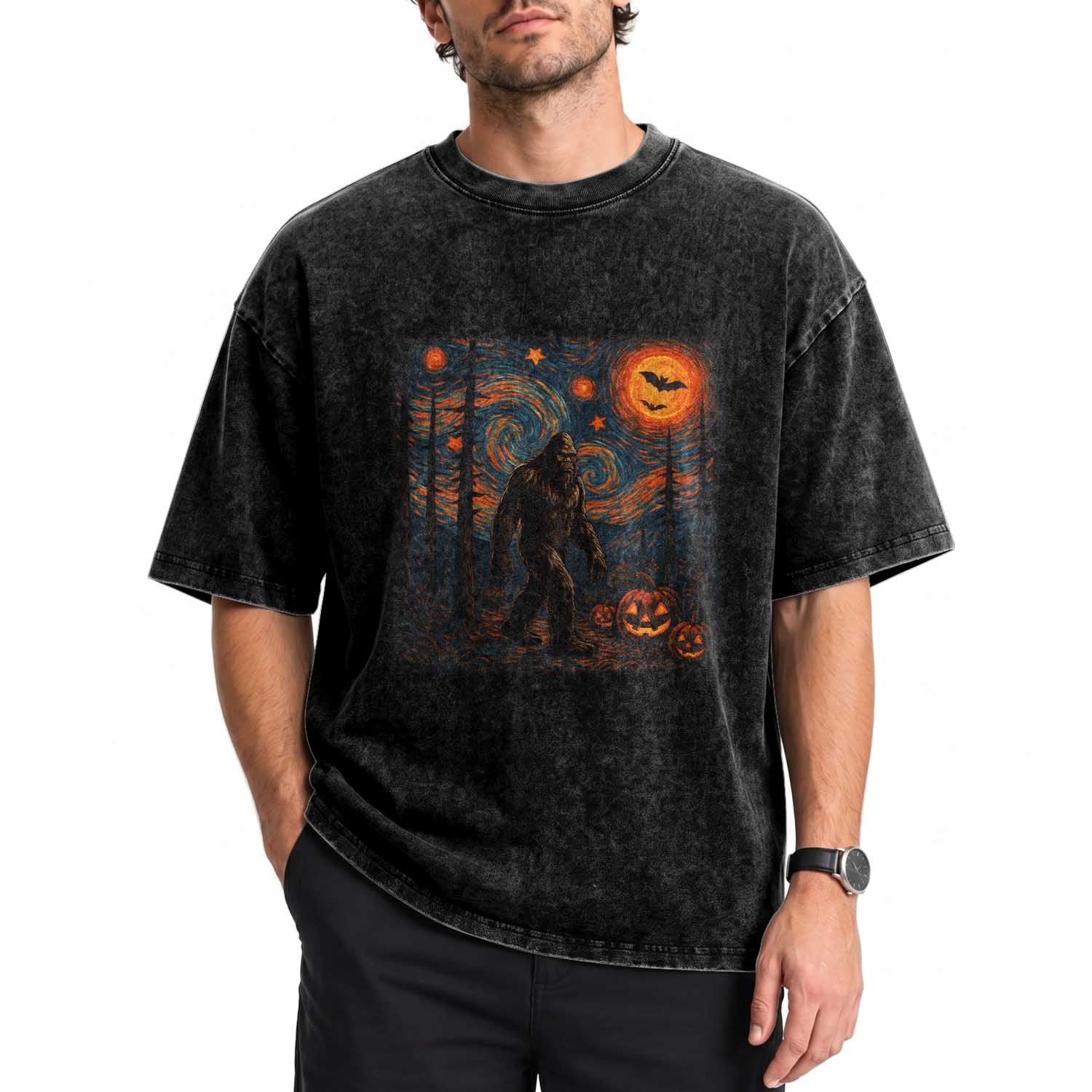 Bigfoot Starry Night Washed Cotton T-Shirt Funny Halloween Van Gogh Sasquatch Lovers TS10 Print Your Wear