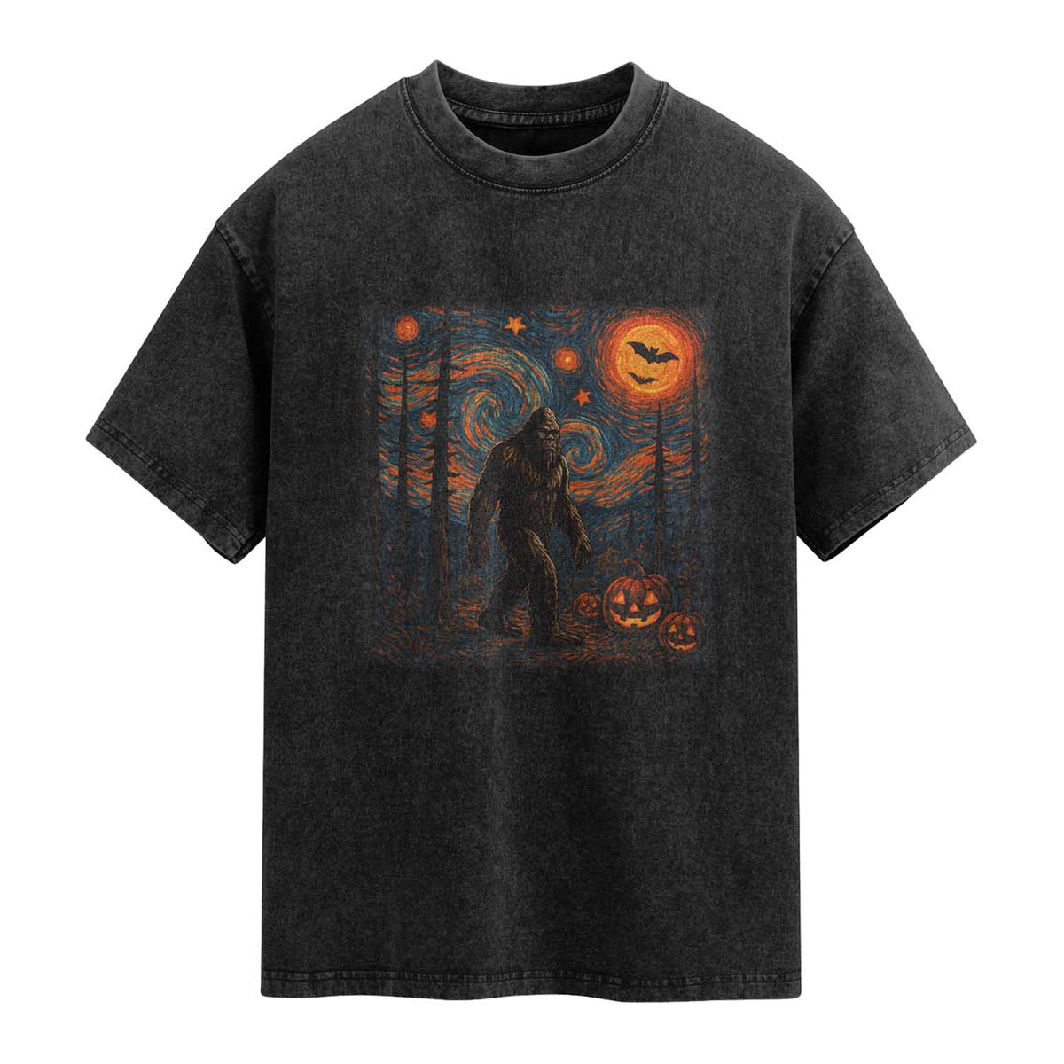 Bigfoot Starry Night Washed Cotton T-Shirt Funny Halloween Van Gogh Sasquatch Lovers
