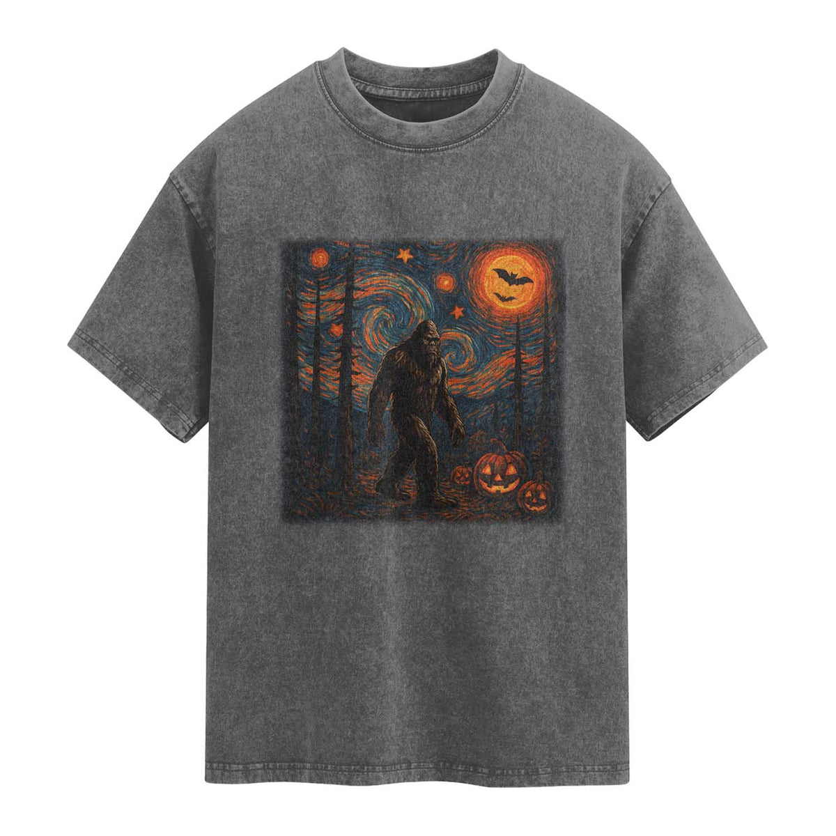Bigfoot Starry Night Washed Cotton T-Shirt Funny Halloween Van Gogh Sasquatch Lovers