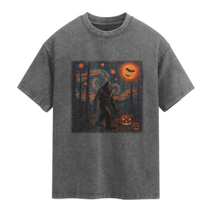 Bigfoot Starry Night Washed Cotton T-Shirt Funny Halloween Van Gogh Sasquatch Lovers