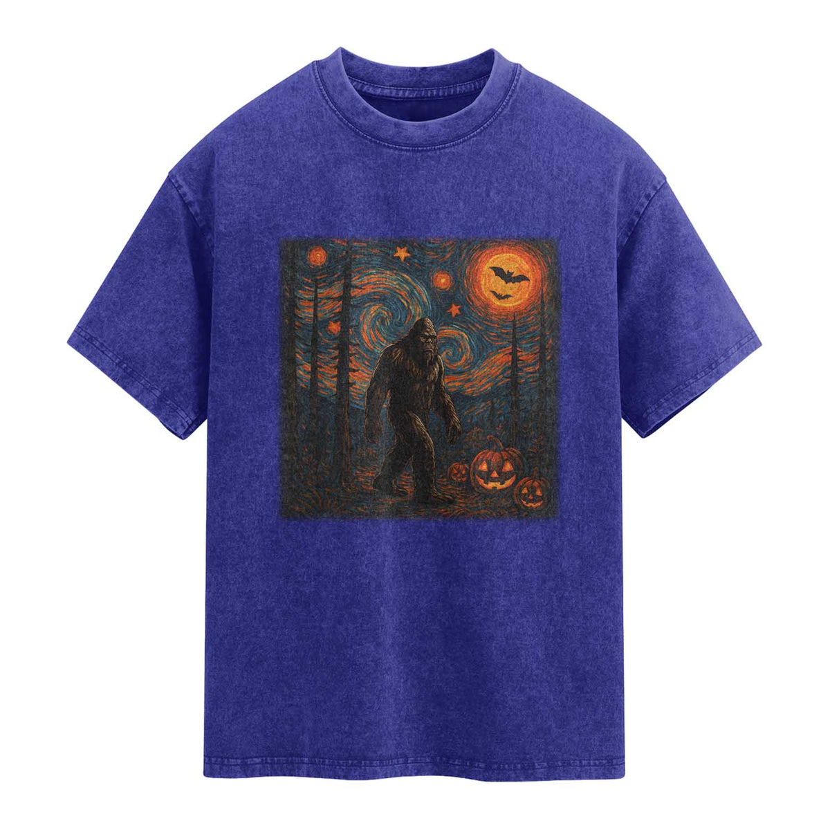 Bigfoot Starry Night Washed Cotton T-Shirt Funny Halloween Van Gogh Sasquatch Lovers