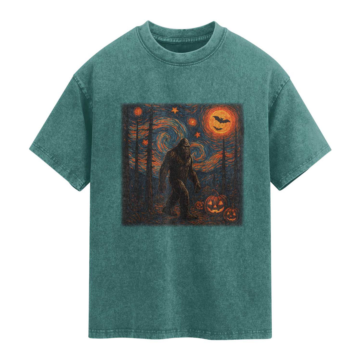 Bigfoot Starry Night Washed Cotton T-Shirt Funny Halloween Van Gogh Sasquatch Lovers