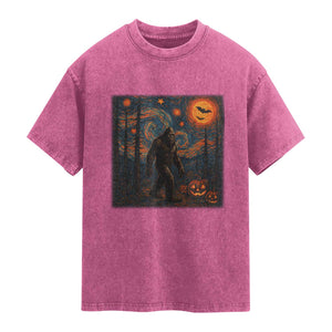 Bigfoot Starry Night Washed Cotton T-Shirt Funny Halloween Van Gogh Sasquatch Lovers