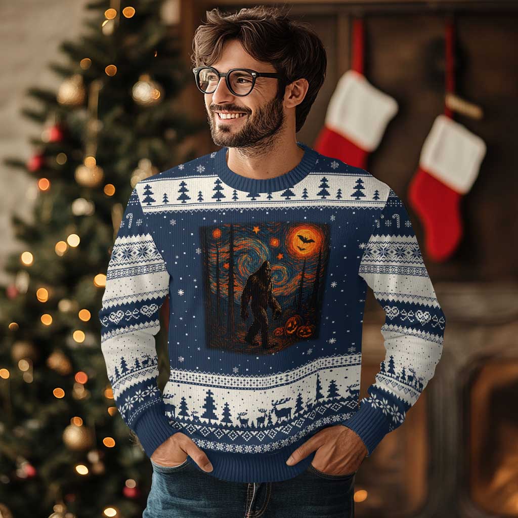 Bigfoot Starry Night Ugly Christmas Sweater Funny Halloween Van Gogh Sasquatch Lovers TS10 Navy Beige Print Your Wear