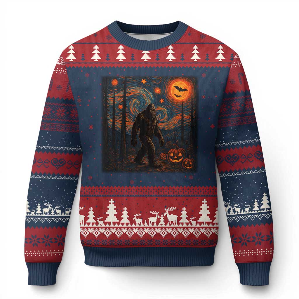 Bigfoot Starry Night Ugly Christmas Sweater Funny Halloween Van Gogh Sasquatch Lovers TS10 Navy Red Print Your Wear