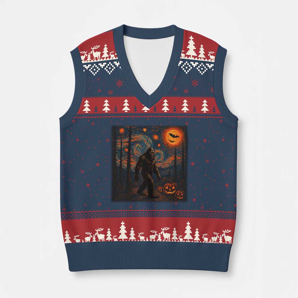 Bigfoot Starry Night V-Neck Knit Sweater Vest Funny Halloween Van Gogh Sasquatch Lovers TS10 Navy Red Print Your Wear