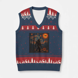 Bigfoot Starry Night V-Neck Knit Sweater Vest Funny Halloween Van Gogh Sasquatch Lovers TS10 Navy Red Print Your Wear