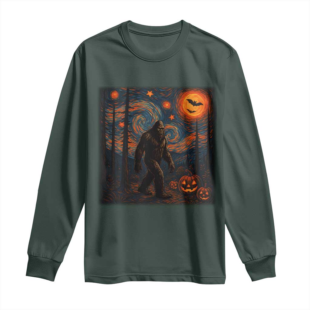 Bigfoot Starry Night Long Sleeve Shirt Funny Halloween Van Gogh Sasquatch Lovers TS10 Dark Forest Green Print Your Wear
