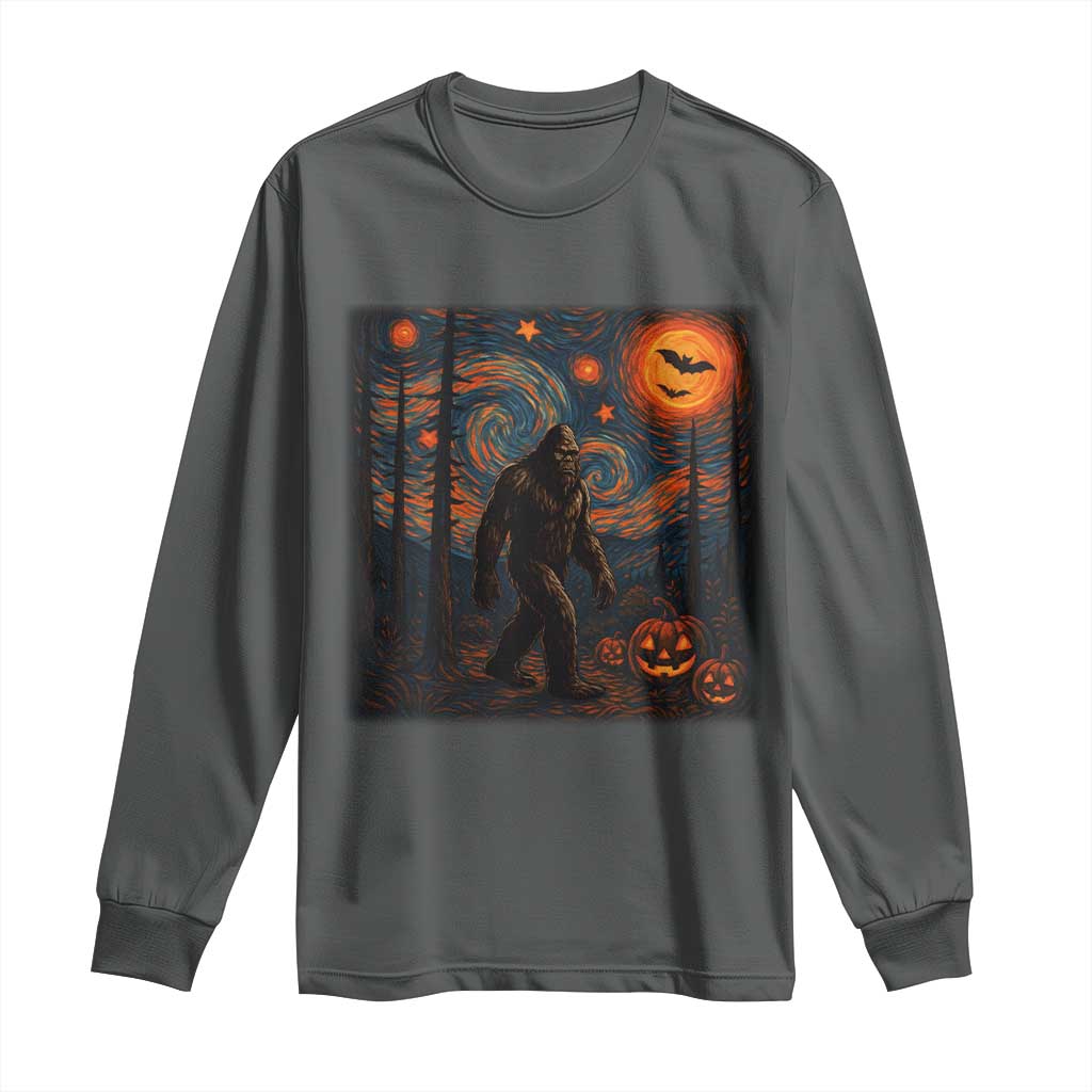 Bigfoot Starry Night Long Sleeve Shirt Funny Halloween Van Gogh Sasquatch Lovers TS10 Dark Heather Print Your Wear