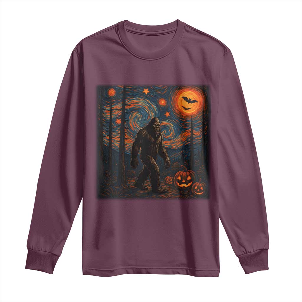 Bigfoot Starry Night Long Sleeve Shirt Funny Halloween Van Gogh Sasquatch Lovers TS10 Maroon Print Your Wear