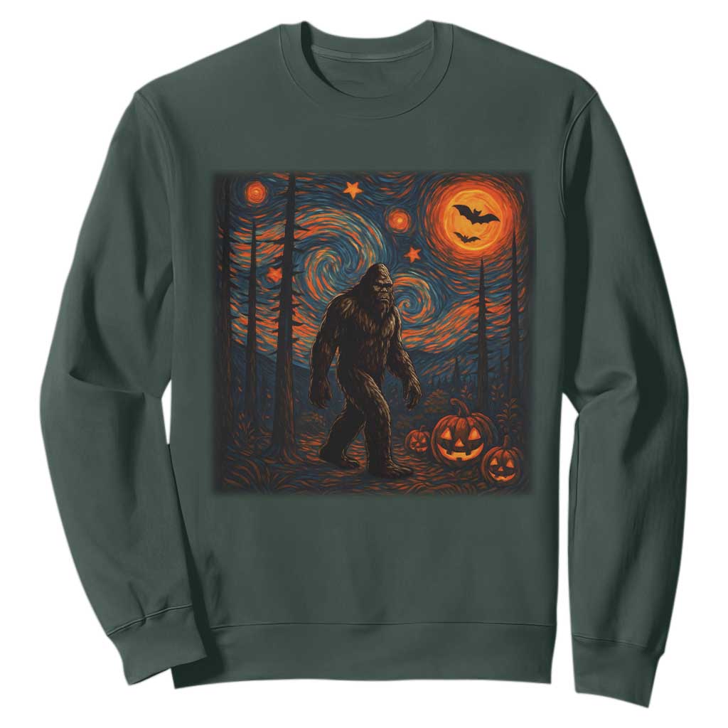 Bigfoot Starry Night Sweatshirt Funny Halloween Van Gogh Sasquatch Lovers TS10 Dark Forest Green Print Your Wear