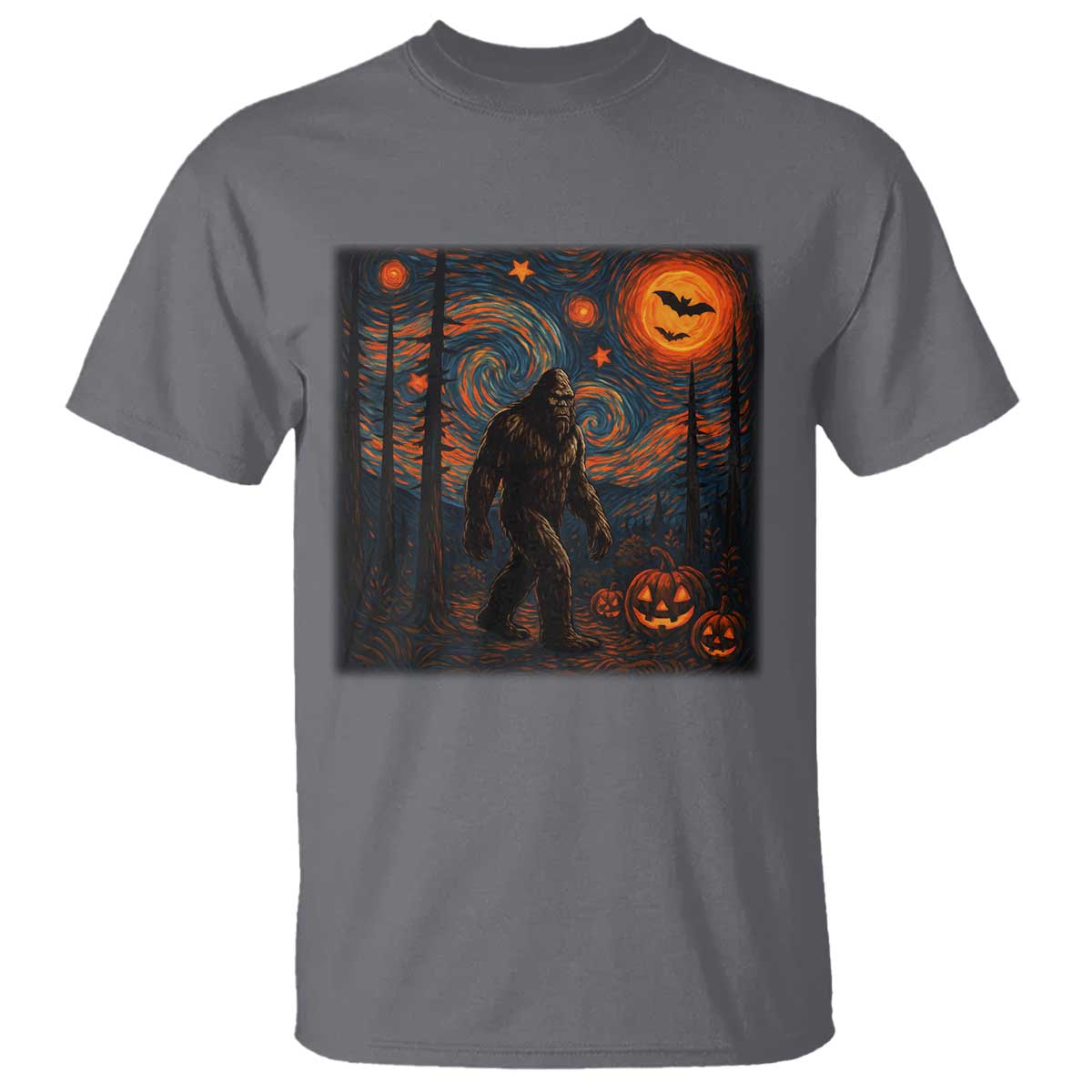 Bigfoot Starry Night T Shirt Funny Halloween Van Gogh Sasquatch Lovers TS10 Charcoal Print Your Wear