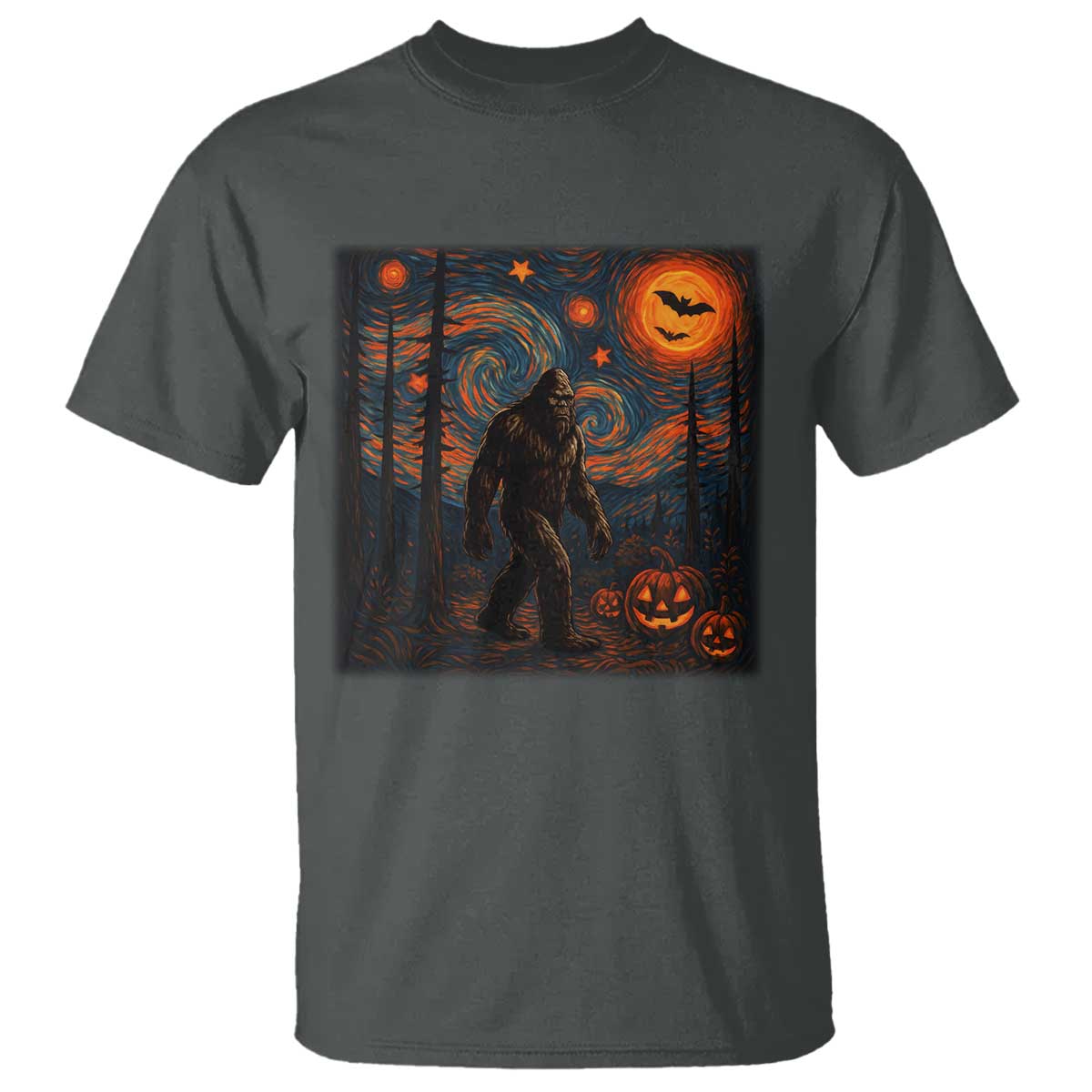 Bigfoot Starry Night T Shirt Funny Halloween Van Gogh Sasquatch Lovers TS10 Dark Heather Print Your Wear