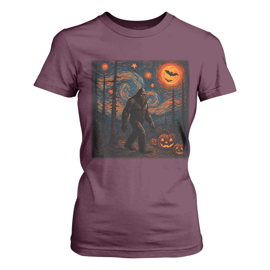 Bigfoot Starry Night T Shirt For Women Funny Halloween Van Gogh Sasquatch Lovers TS10 Maroon Print Your Wear