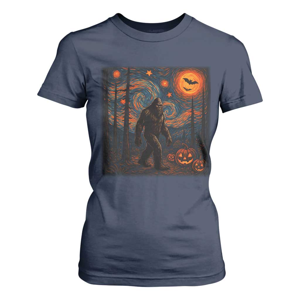 Bigfoot Starry Night T Shirt For Women Funny Halloween Van Gogh Sasquatch Lovers TS10 Navy Print Your Wear