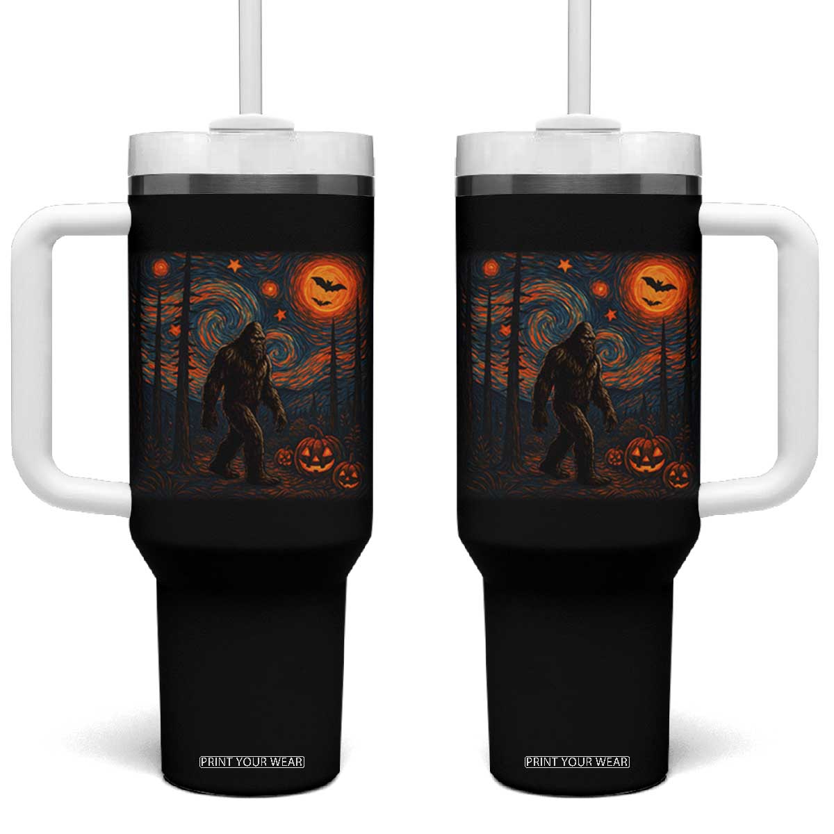 Bigfoot Starry Night Tumbler With Handle Funny Halloween Van Gogh Sasquatch Lovers TS10 One Size: 40 oz Black Print Your Wear
