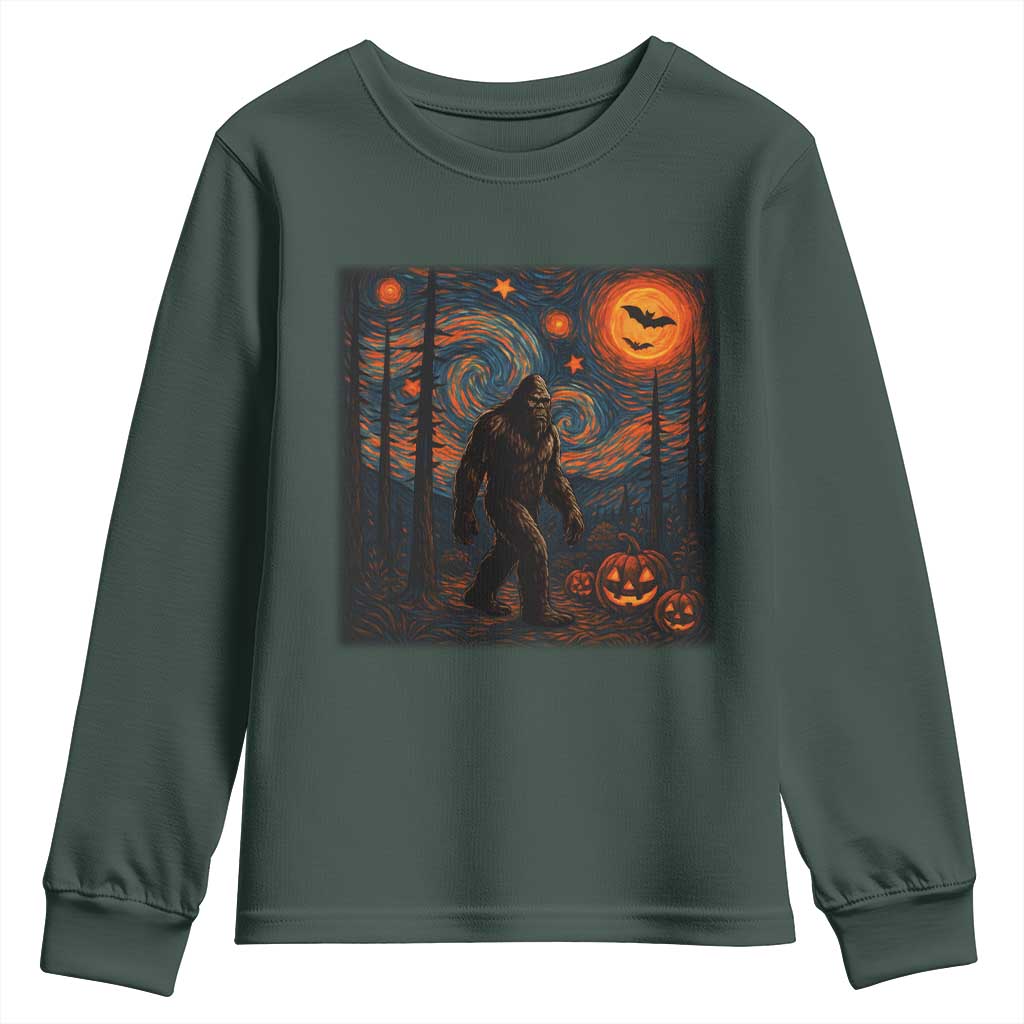 Bigfoot Starry Night Youth Sweatshirt Funny Halloween Van Gogh Sasquatch Lovers TS10 Dark Forest Green Print Your Wear