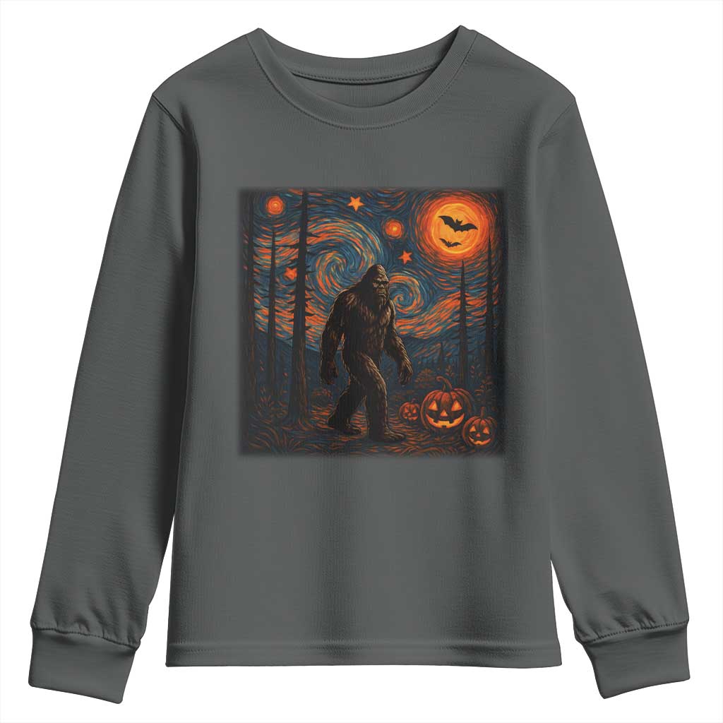 Bigfoot Starry Night Youth Sweatshirt Funny Halloween Van Gogh Sasquatch Lovers TS10 Dark Heather Print Your Wear
