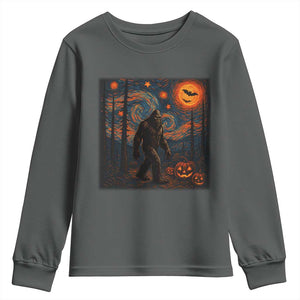 Bigfoot Starry Night Youth Sweatshirt Funny Halloween Van Gogh Sasquatch Lovers TS10 Dark Heather Print Your Wear