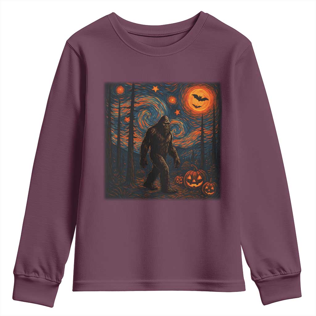 Bigfoot Starry Night Youth Sweatshirt Funny Halloween Van Gogh Sasquatch Lovers TS10 Maroon Print Your Wear