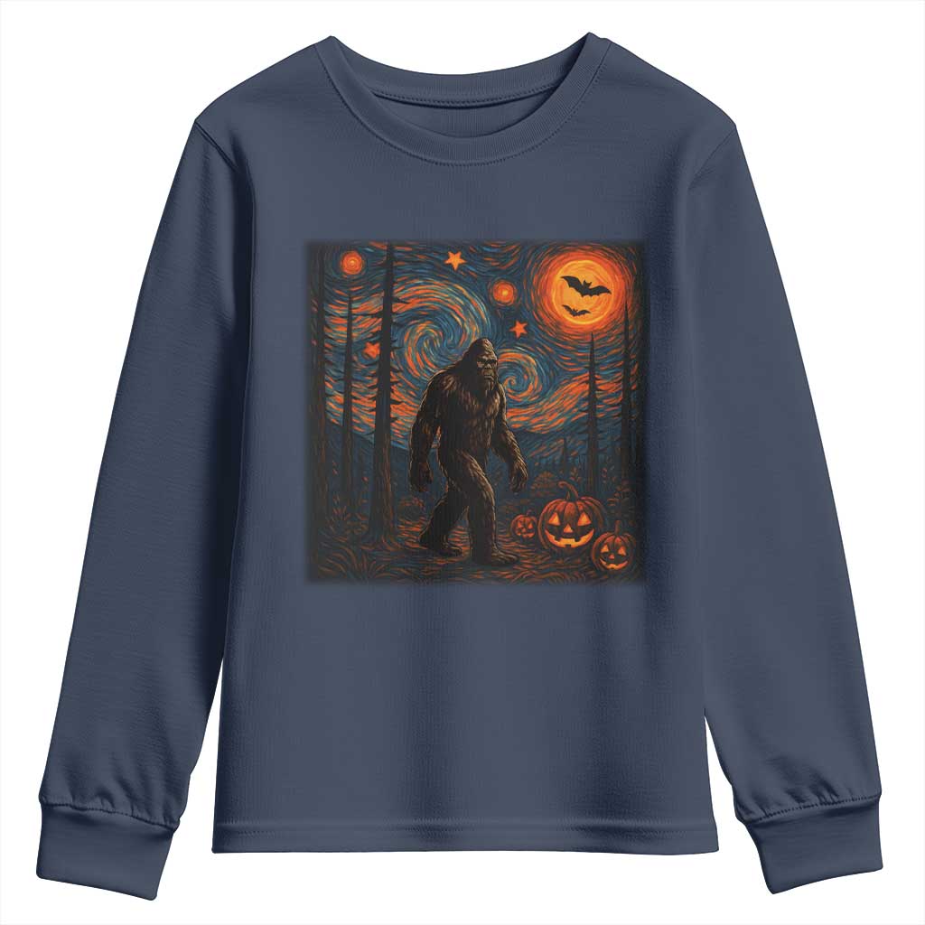 Bigfoot Starry Night Youth Sweatshirt Funny Halloween Van Gogh Sasquatch Lovers TS10 Navy Print Your Wear