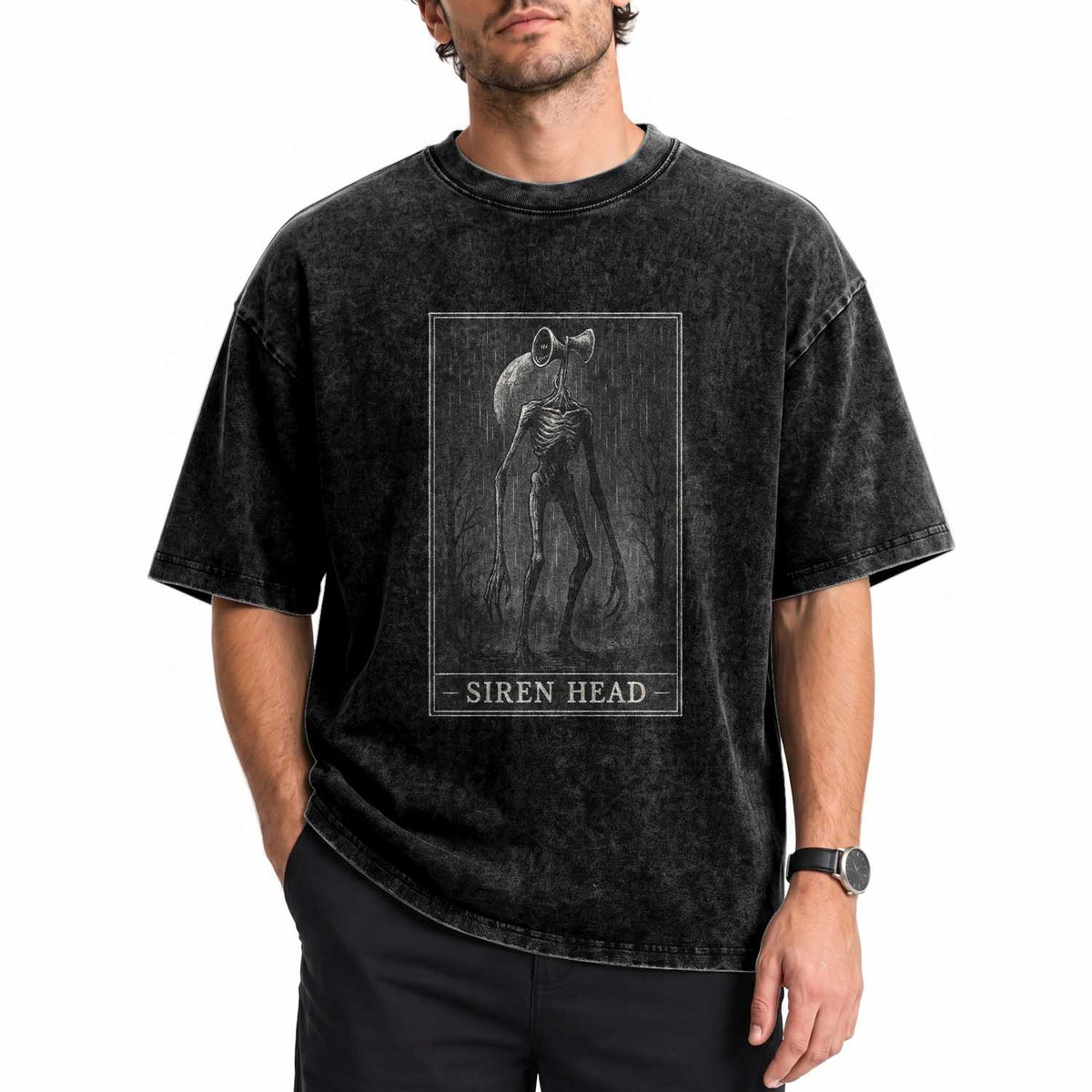 Siren Head Washed Cotton T-Shirt Tarot Card Horror American Cryptid