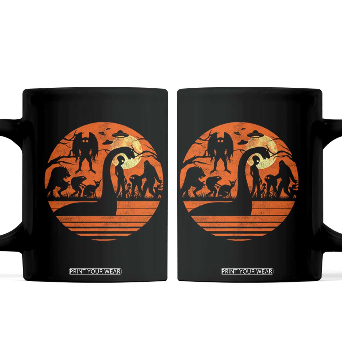 Cryptid Monsters Coffee Mug Bigfoot Loch Ness Monster Mothman Aliens Weirdcore Folk Horror TS10 Black Print Your Wear