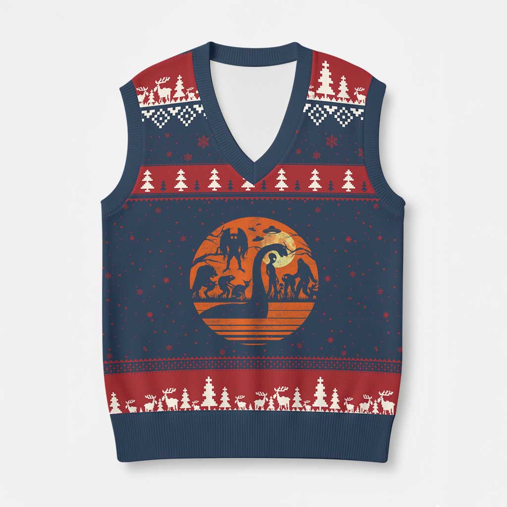 Cryptid Monsters V-Neck Knit Sweater Vest Bigfoot Loch Ness Monster Mothman Aliens Weirdcore Folk Horror TS10 Navy Red Print Your Wear