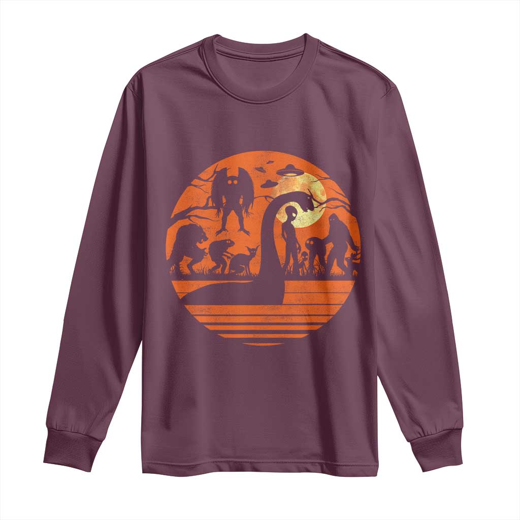 Cryptid Monsters Long Sleeve Shirt Bigfoot Loch Ness Monster Mothman Aliens Weirdcore Folk Horror TS10 Maroon Print Your Wear