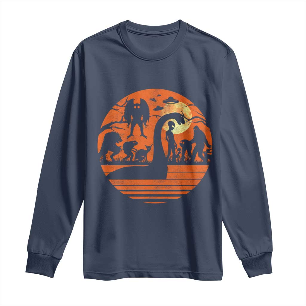 Cryptid Monsters Long Sleeve Shirt Bigfoot Loch Ness Monster Mothman Aliens Weirdcore Folk Horror TS10 Navy Print Your Wear