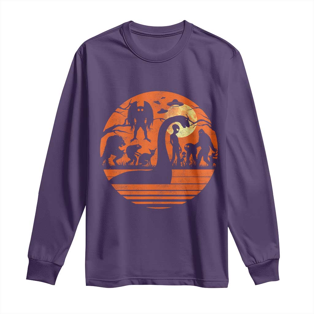 Cryptid Monsters Long Sleeve Shirt Bigfoot Loch Ness Monster Mothman Aliens Weirdcore Folk Horror TS10 Purple Print Your Wear