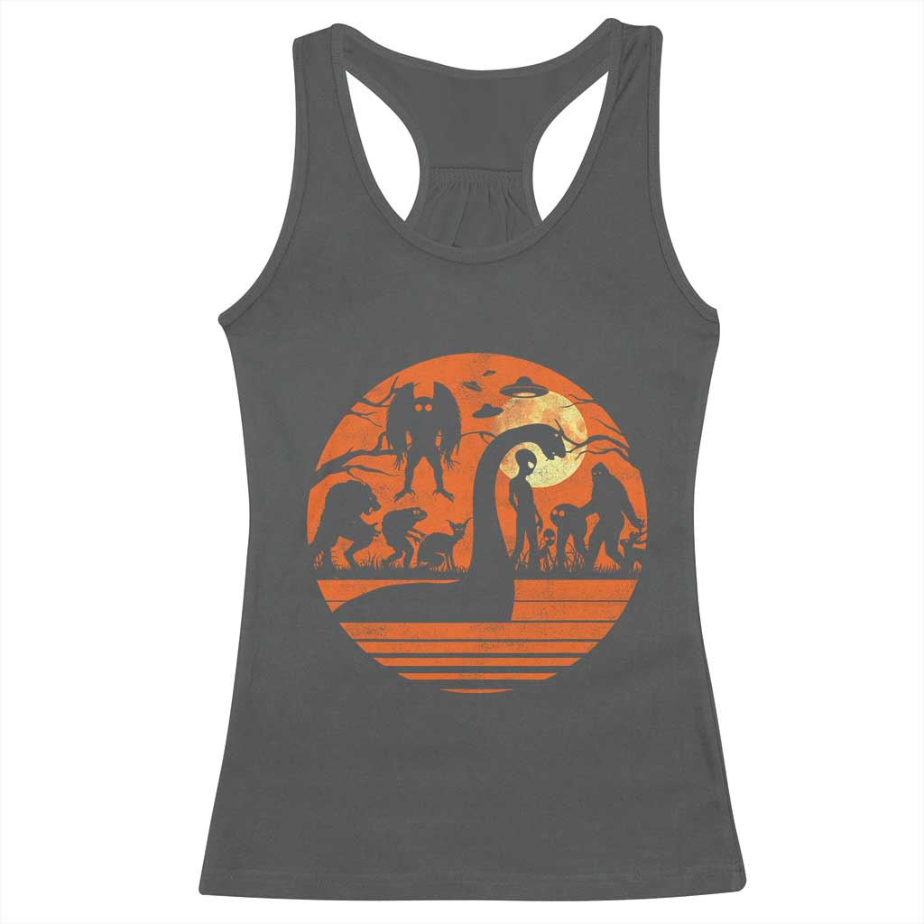 Cryptid Monsters Racerback Tank Top Bigfoot Loch Ness Monster Mothman Aliens Weirdcore Folk Horror TS10 Dark Heather Print Your Wear