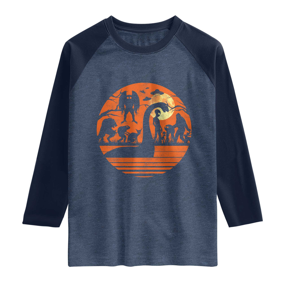 Cryptid Monsters Raglan Shirt Bigfoot Loch Ness Monster Mothman Aliens Weirdcore Folk Horror TS10 Heather Denim Navy Print Your Wear