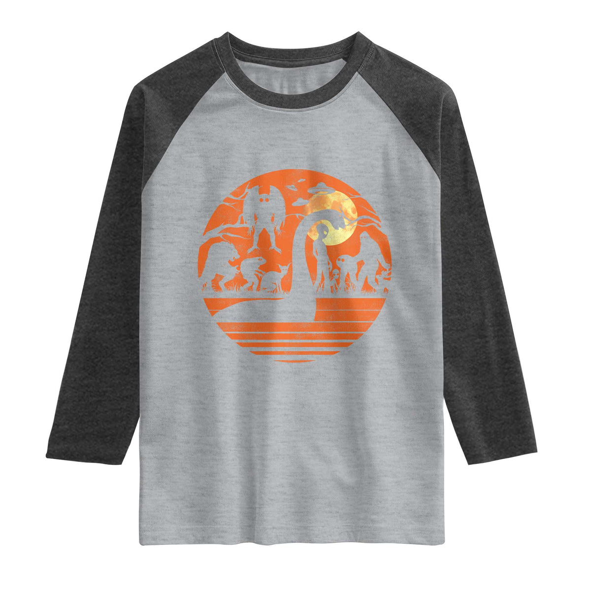 Cryptid Monsters Raglan Shirt Bigfoot Loch Ness Monster Mothman Aliens Weirdcore Folk Horror TS10 Heather Gray Heather Charcoal Print Your Wear