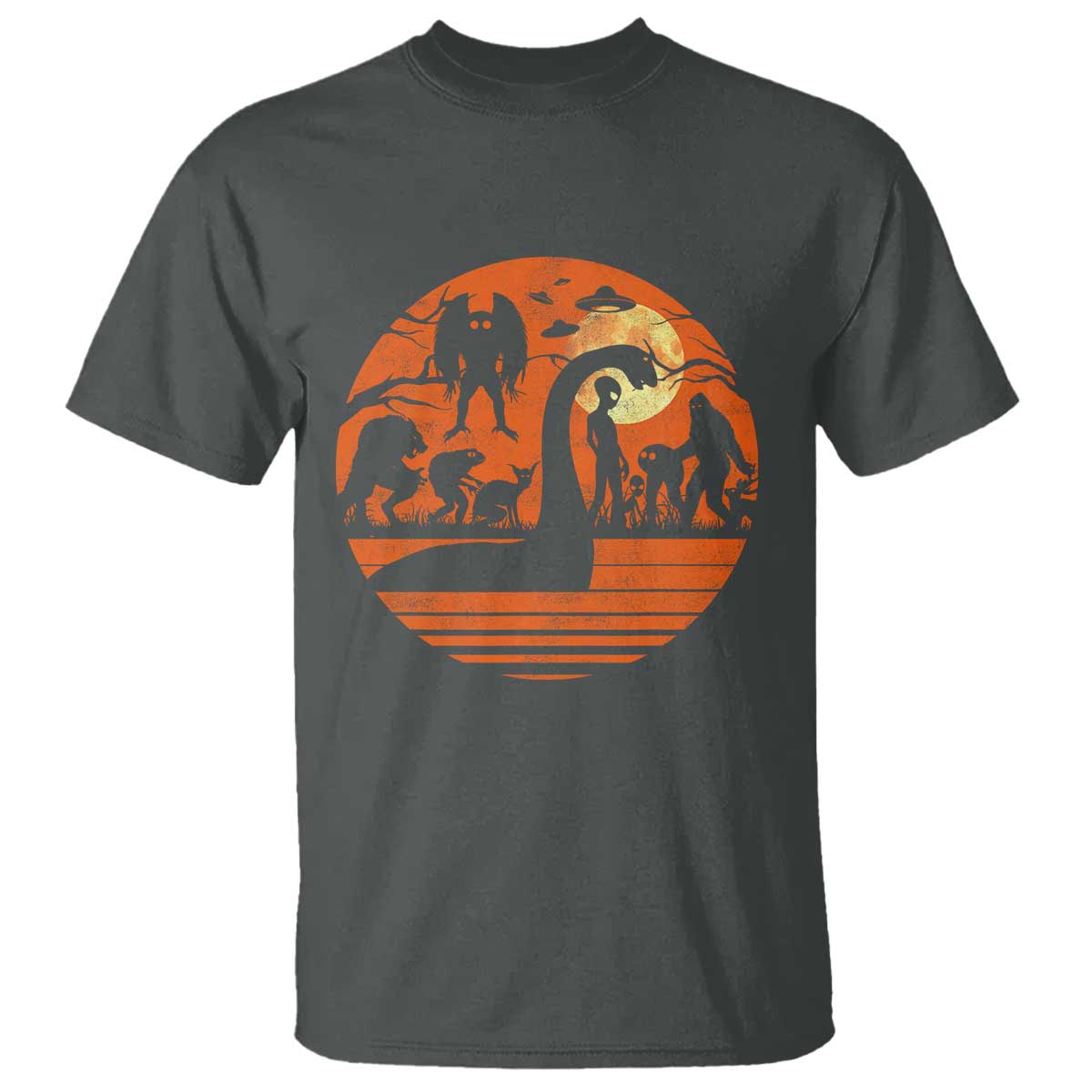 Cryptid Monsters T Shirt Bigfoot Loch Ness Monster Mothman Aliens Weirdcore Folk Horror TS10 Dark Heather Print Your Wear