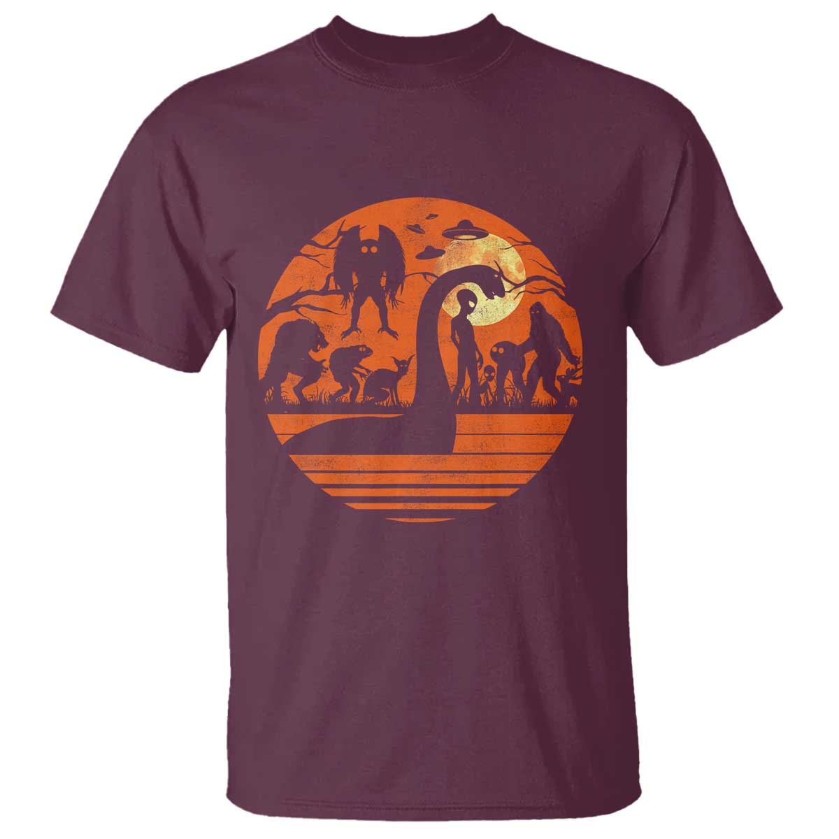 Cryptid Monsters T Shirt Bigfoot Loch Ness Monster Mothman Aliens Weirdcore Folk Horror TS10 Maroon Print Your Wear