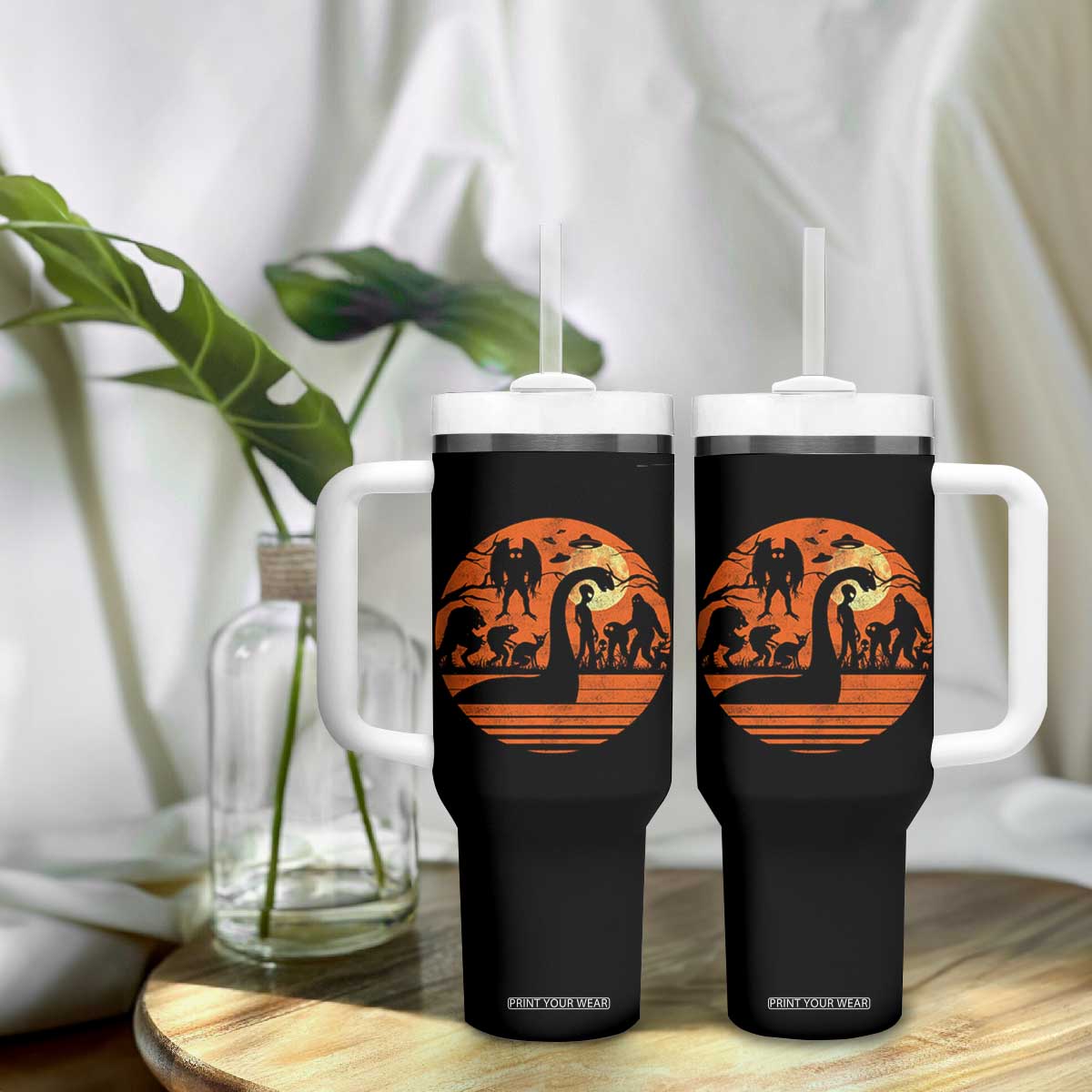 Cryptid Monsters Tumbler With Handle Bigfoot Loch Ness Monster Mothman Aliens Weirdcore Folk Horror TS10 Print Your Wear