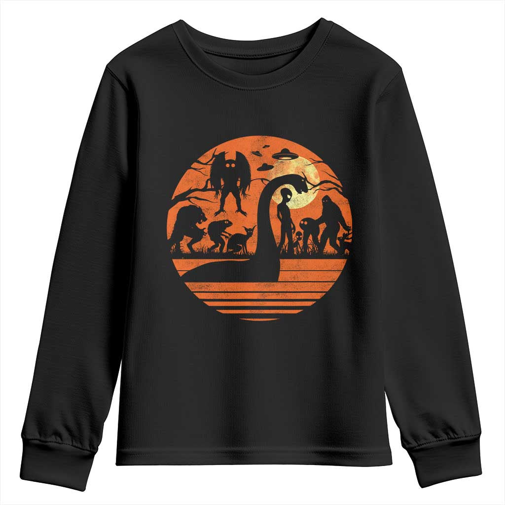 Cryptid Monsters Youth Sweatshirt Bigfoot Loch Ness Monster Mothman Aliens Weirdcore Folk Horror TS10 Black Print Your Wear