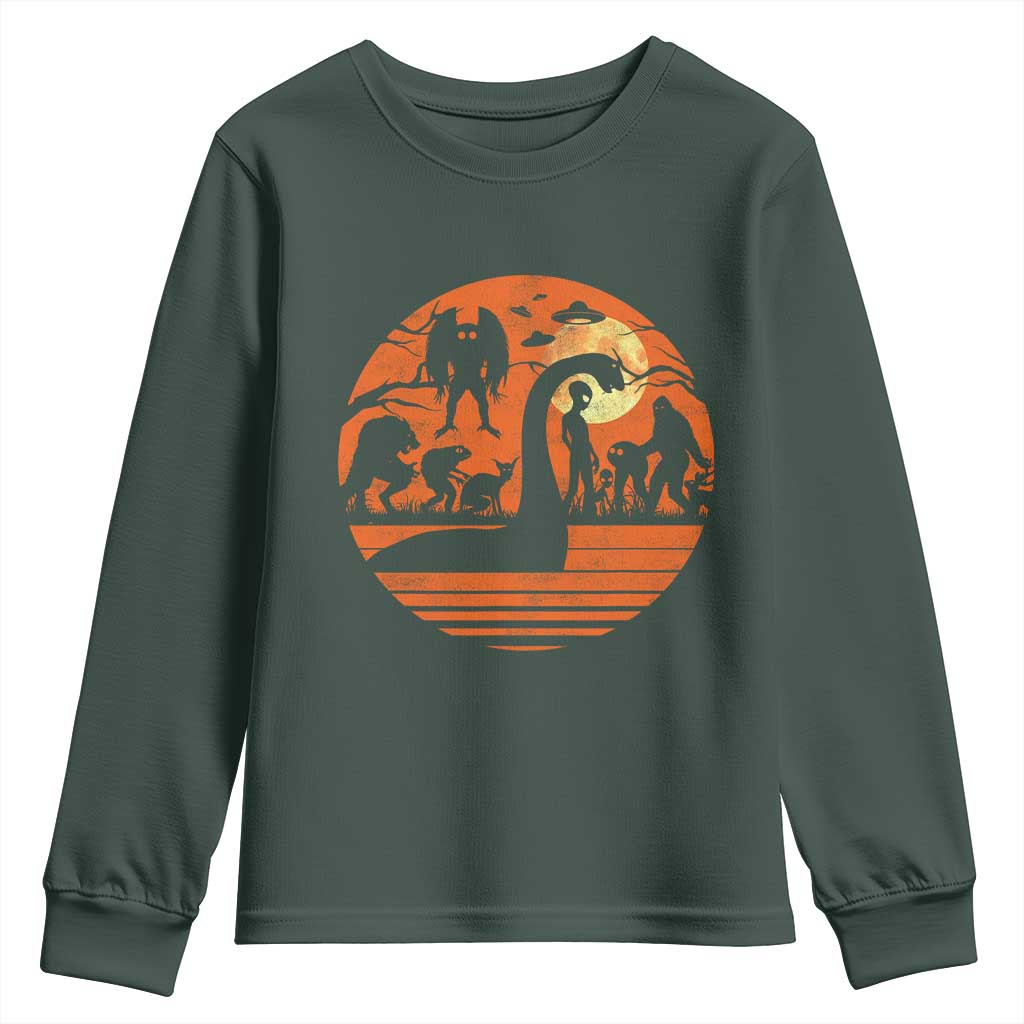 Cryptid Monsters Youth Sweatshirt Bigfoot Loch Ness Monster Mothman Aliens Weirdcore Folk Horror TS10 Dark Forest Green Print Your Wear
