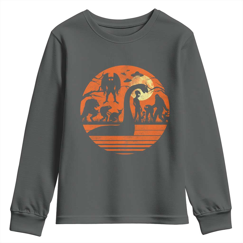 Cryptid Monsters Youth Sweatshirt Bigfoot Loch Ness Monster Mothman Aliens Weirdcore Folk Horror TS10 Dark Heather Print Your Wear