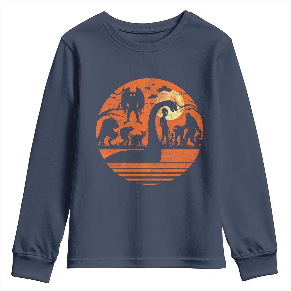 Cryptid Monsters Youth Sweatshirt Bigfoot Loch Ness Monster Mothman Aliens Weirdcore Folk Horror TS10 Navy Print Your Wear