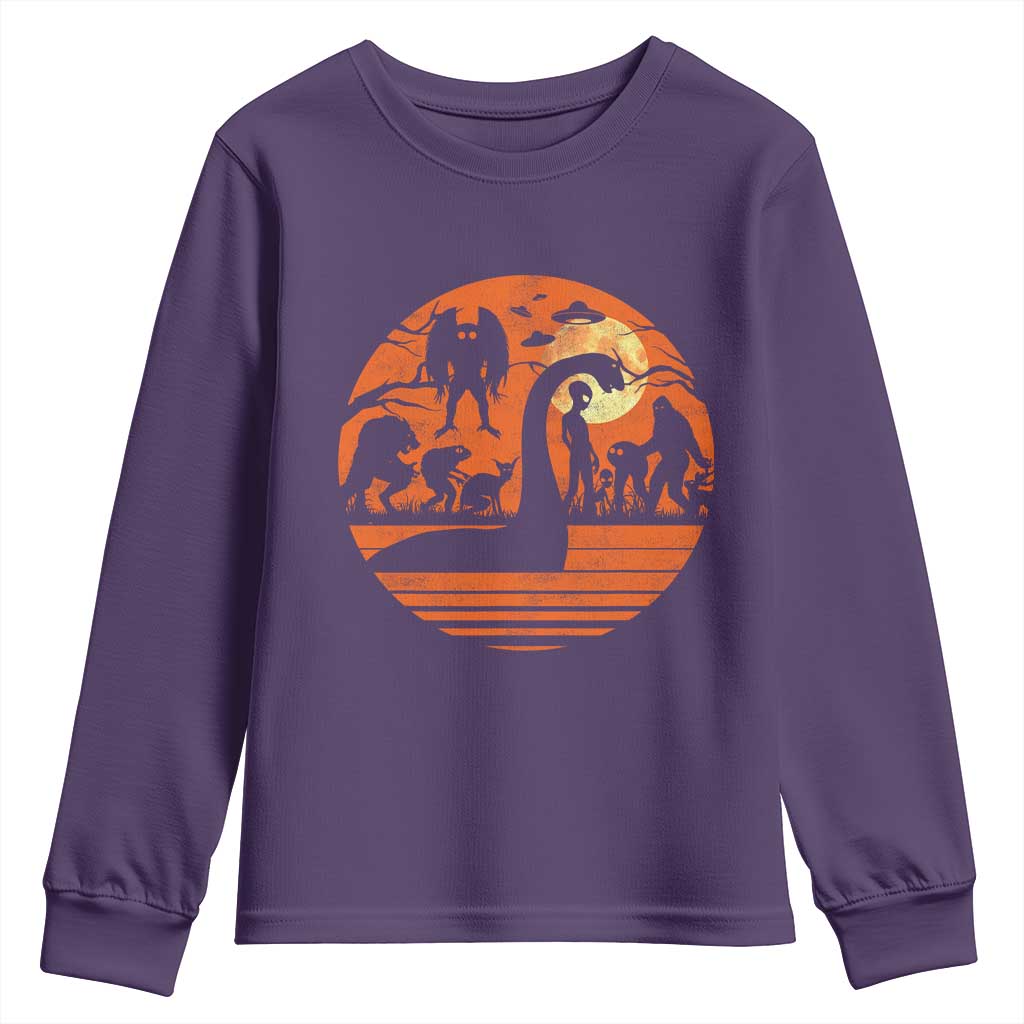Cryptid Monsters Youth Sweatshirt Bigfoot Loch Ness Monster Mothman Aliens Weirdcore Folk Horror TS10 Purple Print Your Wear