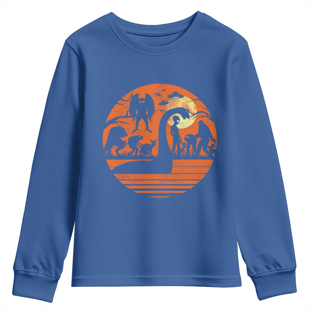 Cryptid Monsters Youth Sweatshirt Bigfoot Loch Ness Monster Mothman Aliens Weirdcore Folk Horror TS10 Royal Blue Print Your Wear