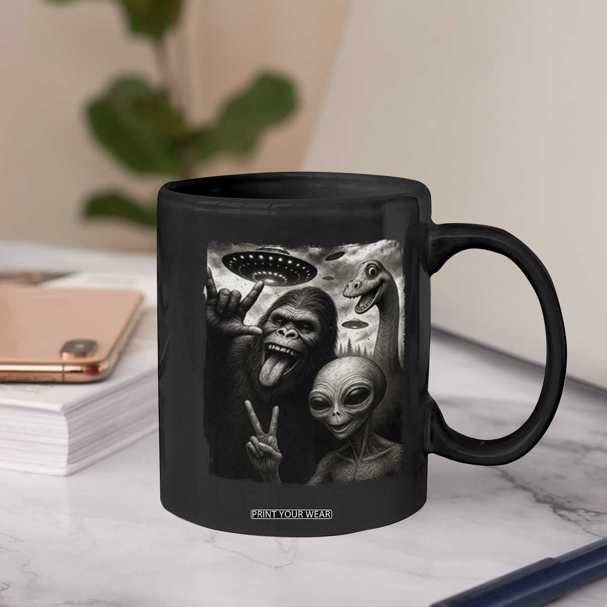 Bigfoot Alien Loch Ness Monster Coffee Mug Funny Cryptid UFO Selfie Sasquatch Rock On TS10 Print Your Wear