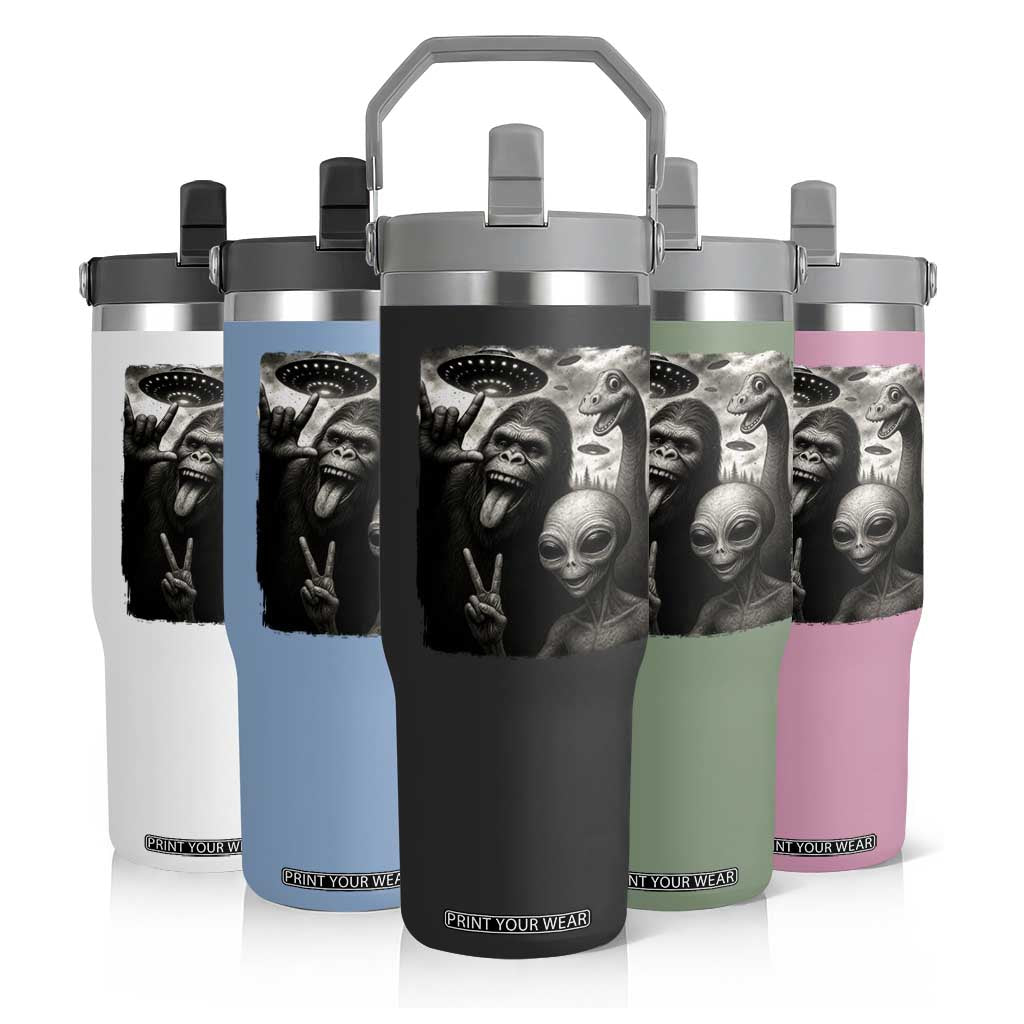 Bigfoot Alien Loch Ness Monster Flip Straw Tumbler Funny Cryptid UFO Selfie Sasquatch Rock On TS10 Print Your Wear