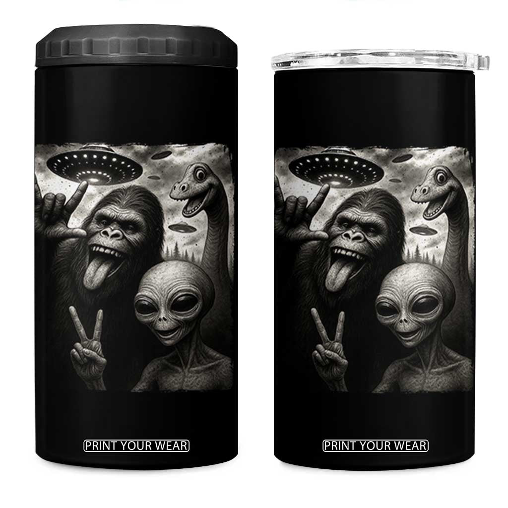 Bigfoot Alien Loch Ness Monster 4 in 1 Can Cooler Tumbler Funny Cryptid UFO Selfie Sasquatch Rock On TS10 One Size: 16 oz Black Print Your Wear