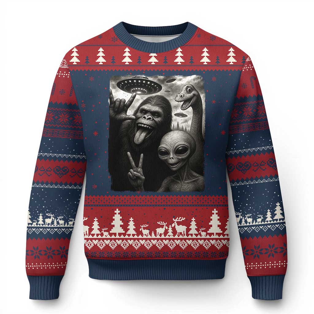 Bigfoot Alien Loch Ness Monster Ugly Christmas Sweater Funny Cryptid UFO Selfie Sasquatch Rock On TS10 Navy Red Print Your Wear