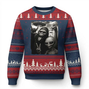 Bigfoot Alien Loch Ness Monster Ugly Christmas Sweater Funny Cryptid UFO Selfie Sasquatch Rock On TS10 Navy Red Print Your Wear