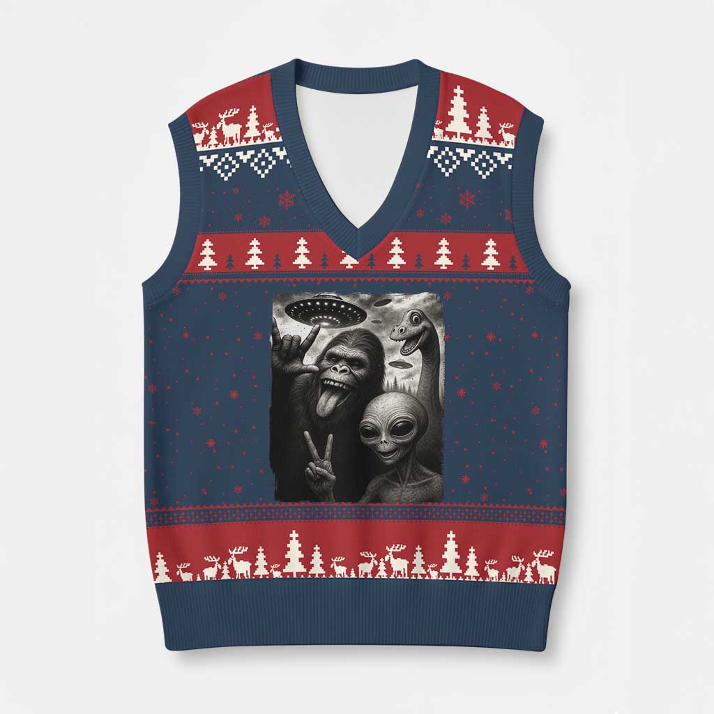 Bigfoot Alien Loch Ness Monster V-Neck Knit Sweater Vest Funny Cryptid UFO Selfie Sasquatch Rock On TS10 Navy Red Print Your Wear