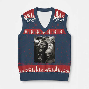 Bigfoot Alien Loch Ness Monster V-Neck Knit Sweater Vest Funny Cryptid UFO Selfie Sasquatch Rock On TS10 Navy Red Print Your Wear